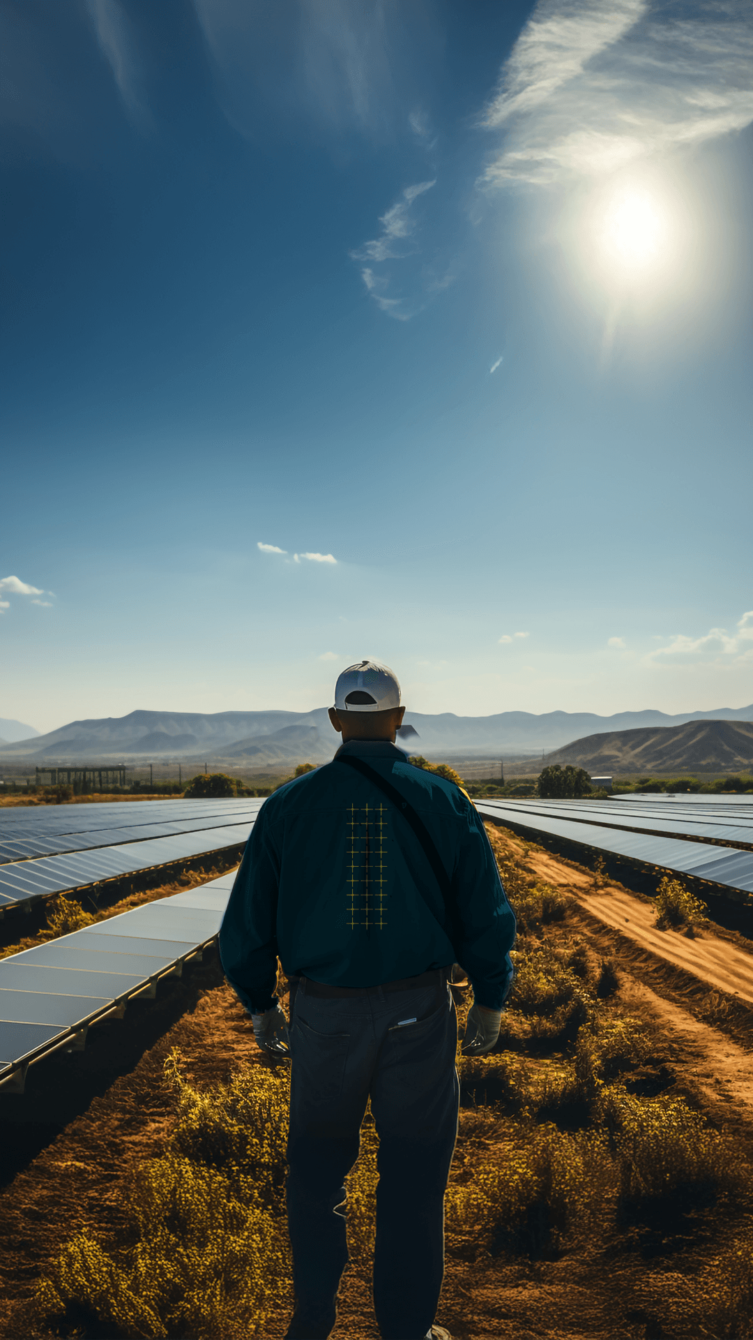 Vista de la granja solar al atardecer