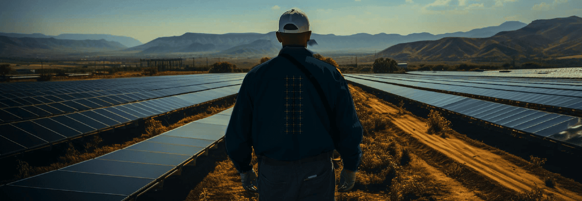 Vista de la granja solar al atardecer